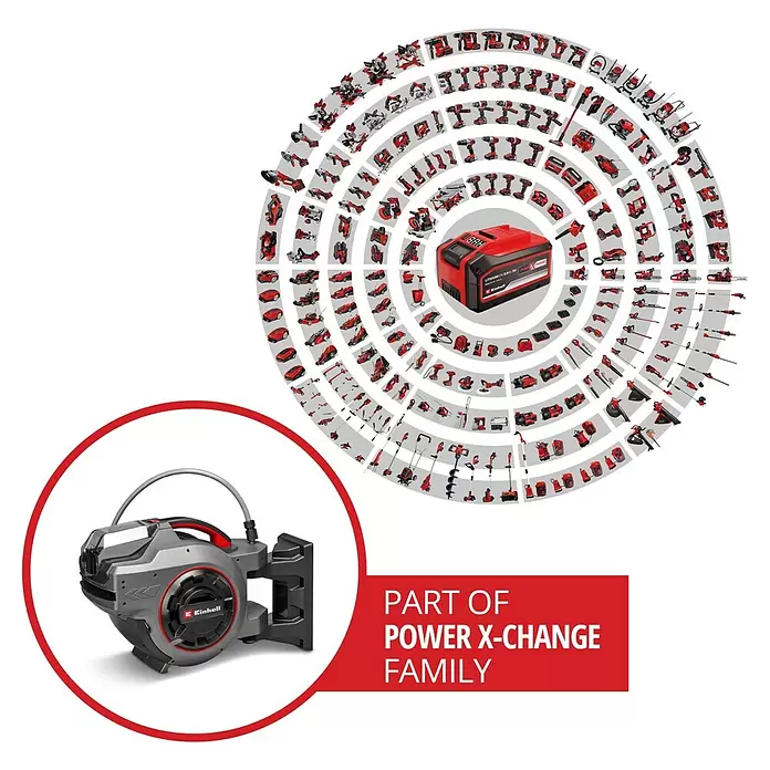 Einhell Power X-Change 18V Akku-Schlauchtrommel GE-HR 18/30 WH Li-Solo - 18 V, Ohne Akku - Einhell Power X-Change Familie: vielfältige rot/graue Akku-Werkzeuge um eine Batterie, mit hervorgehobenem Schlauchwagen.
