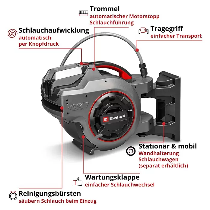 Einhell Power X-Change 18V Akku-Schlauchtrommel GE-HR 18/30 WH Li-Solo - 18 V, Ohne Akku - Graues und rotes automatisches Schlauchaufroller mit Funktionen wie automatischer Schlauchaufwicklung, Tragegriff und Reinigungsbürstensystem.
