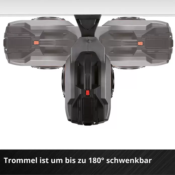 Einhell Power X-Change 18V Akku-Schlauchtrommel GE-HR 18/30-1 - 18 V, Ohne Akku - Graue und schwarze Kabeltrommel mit einem bis zu 180 Grad schwenkbaren Trommel, in drei Positionen gezeigt.
