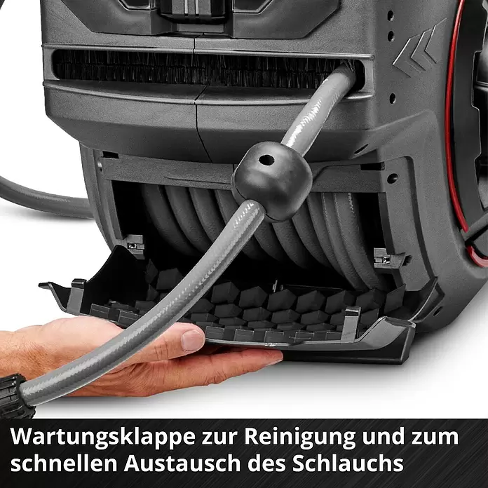 Einhell Power X-Change 18V Akku-Schlauchtrommel GE-HR 18/30-1 - 18 V, Ohne Akku - Dunkelgraue Schlauchtrommel mit geöffneter Wartungsklappe, die den aufgewickelten Schlauch und eine interne Reinigungsbürste zeigt.