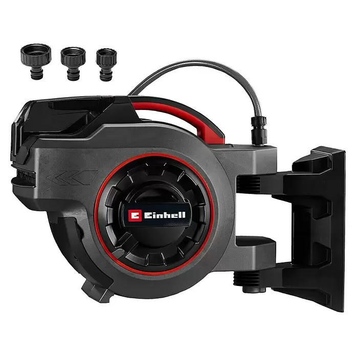 Einhell Power X-Change 18V Akku-Schlauchtrommel GE-HR 18/30 WH Li-Solo - 18 V, Ohne Akku - Schwarze und rote automatische Schlauchtrommel mit gekrümmtem Schlauchsegment und drei separaten Schlauchanschlüssen.