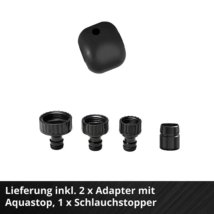 Einhell Power X-Change 18V Akku-Schlauchtrommel GE-HR 18/30 WH Li-Solo - 18 V, Ohne Akku - Ein Set schwarzer Bewässerungszubehörteile: zwei Aquastop-Schlauchkupplungen, ein Standardanschluss, ein Schlauchstopper und eine Sprühdüse.
