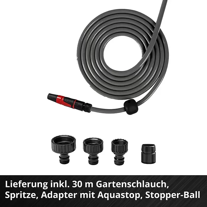 Einhell Power X-Change 18V Akku-Schlauchtrommel GE-HR 18/30-1 - 18 V, Ohne Akku - Grauer aufgerollter Gartenschlauch mit rot-schwarzer Spritze, mehreren schwarzen Schlauchadaptern und einem Stopper-Ball.