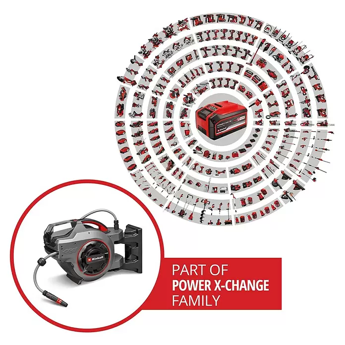 Einhell Power X-Change 18V Akku-Schlauchtrommel GE-HR 18/30-1 - 18 V, Ohne Akku - Einhell automatische Schlauchaufrollbox in Grau-Rot, Teil der Power X-Change Familie.