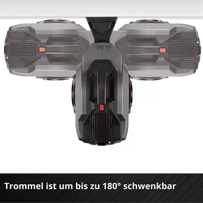 Einhell Power X-Change 18V Akku-Schlauchtrommel GE-HR 18/30 WH Li-Solo - 18 V, Ohne Akku - Dunkelgraues Gerät mit zentraler, bis zu 180° schwenkbarer Trommel und zwei Seitenmodulen.