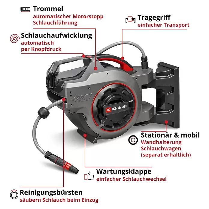 Einhell Power X-Change 18V Akku-Schlauchtrommel GE-HR 18/30-1 - 18 V, Ohne Akku - Graue und rote Einhell automatische Schlauchaufwicklung mit teilweise ausgefahrenem Schlauch, Tragegriff und Wandhalterung.