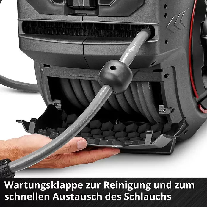 Einhell Power X-Change 18V Akku-Schlauchtrommel GE-HR 18/30 WH Li-Solo - 18 V, Ohne Akku - Dunkelgraue Schlauchtrommel mit geöffneter Wartungsklappe, die den aufgerollten grauen Schlauch und einen Bürstenmechanismus zeigt.
