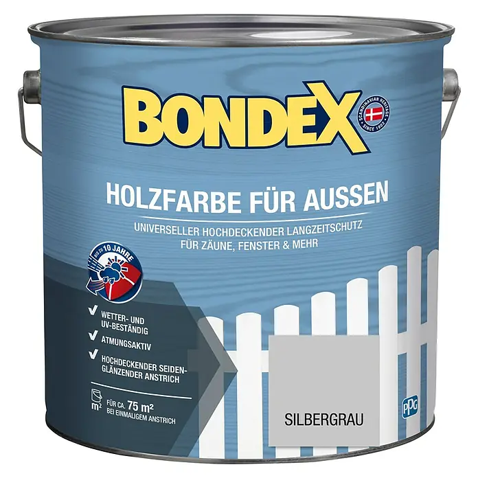 Bondex Holzschutzfarbe für Außen - Silbergrau, 2,5 l, Seidenglänzend - Dose Bondex Holzfarbe für Aussen, silbergrau. Universeller, hochdeckender Langzeitschutz für Zäune, Fenster & mehr, wetter- und UV-beständig.