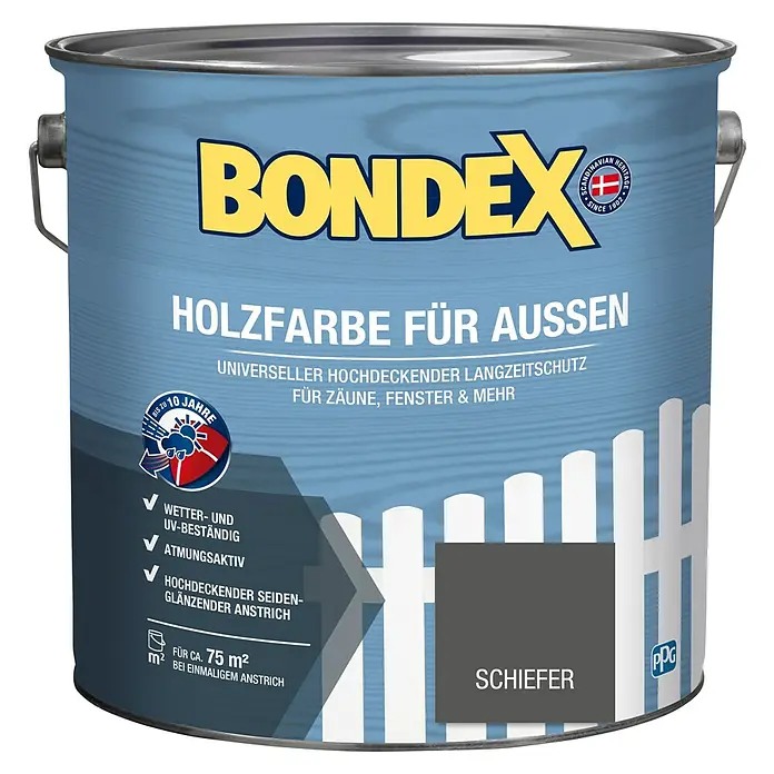 Bondex Holzschutzfarbe für Außen - Schiefer, 2,5 l, Seidenglänzend - Dose Bondex Holzfarbe für Aussen, Schiefer. Universeller, hochdeckender Langzeitschutz für Zäune, Fenster & mehr. Wetter- und UV-beständig.