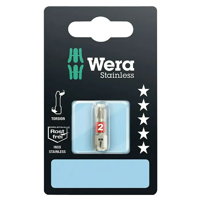 Wera Bit 3851/1 Edelstahl - PH 2, 25 mm - Abbildung einer Wera Edelstahl-Bitpackung, die eine Torx-Bit-Spitze mit der Nummer 2 in einer durchsichtigen Plastikverpackung zeigt.
