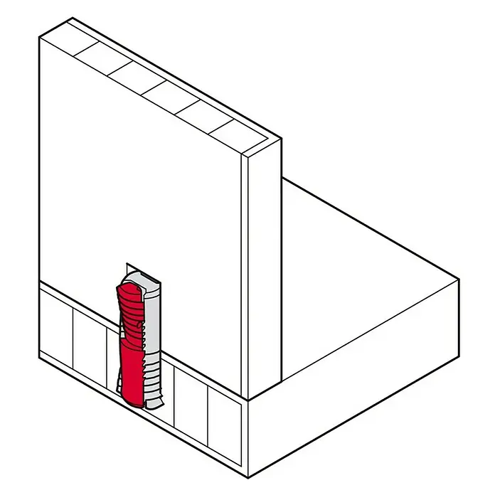 Häfele Herraje de unión para armarios Ixconnect SC 8/25 - Específico para: Grosores de madera a partir de 15 mm, Plástico - Ilustración de un soporte de pared con un taco rojo, ideal para una sujeción segura y una fácil instalación.