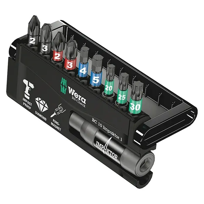 Wera Premium Plus Bit-Set 8740 Impaktor - 10 -tlg., Diamantbeschichtet - Wera Bit-Check BC 10 Impaktor 1: Ein robustes Set mit verschiedenen Bits und Bithalter für den professionellen Einsatz.