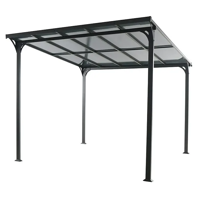 Sunfun Pérgola adosada Chipre - An x Pr: 300 x 300 cm, Antracita, Acero, Color del techo: Antracita - La imagen muestra una cubierta de patio elegante y negra. Es perfecta para el jardín y ofrece sombra y protección.