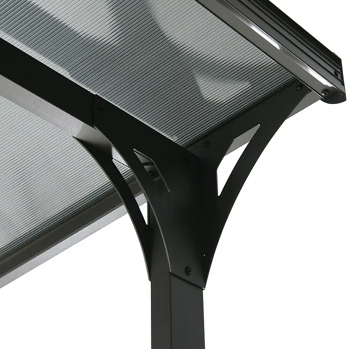 Sunfun Pérgola adosada Chipre - An x Pr: 300 x 300 cm, Antracita, Acero, Color del techo: Antracita - Primer plano de una estructura de gazebo negra con techo de policarbonato, mostrando construcción moderna y estabilidad.