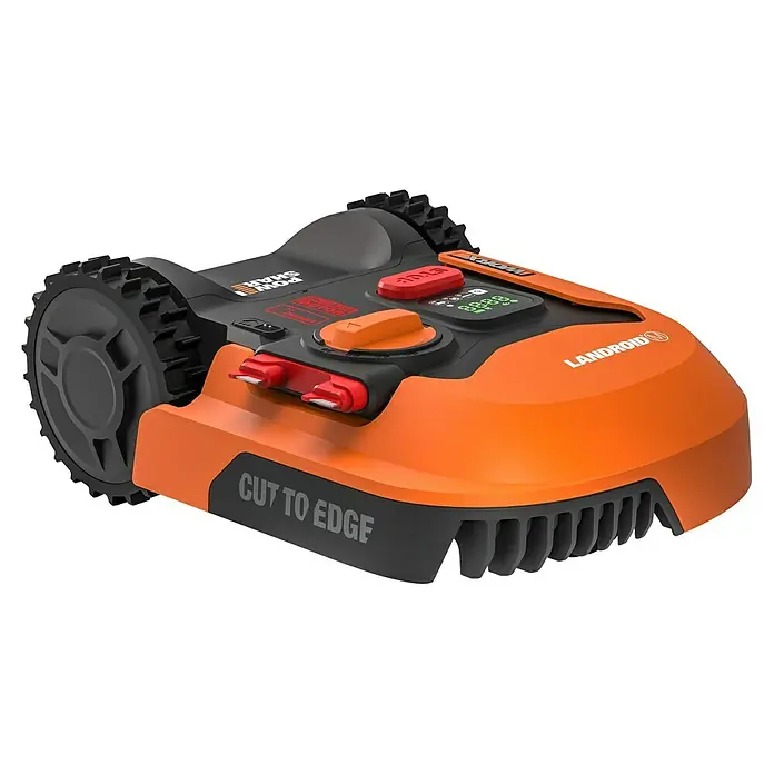Worx PowerShare 20V Robot cortacésped Landroid M500 - 500 m², Ancho de corte: 18 cm, Navegación por inducción, Cable de antena - Un compacto robot cortacésped Worx Landroid, de color naranja y negro, diseñado para cortar el césped de manera eficiente y precisa.
