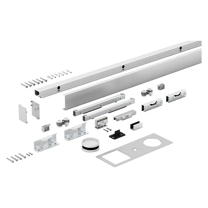 Entravia Schiebetürbeschlag Bright-Slide Holz/Glas - Aluminium, Art Beschlag: Geschlossen, 2.000 mm, Traglast: 65 kg - Ein Set von Schiebetürbeschlägen, inklusive Schienen, Rollen und Montagezubehör, dargestellt auf schwarzem Hintergrund. Ideal für moderne Innenräume.