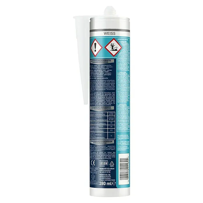 Sista Sanitär-Silikon - Weiß, 280 ml - Produktbild einer Kartusche Dichtmasse, ideal für Feuchträume, mit Anwendungs- und Sicherheitshinweisen.