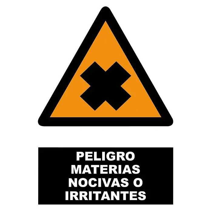 Cartel - Naranja/Negro, Materias nocivas - Señal de advertencia "Peligro: Materias nocivas o irritantes", con un símbolo X negro sobre fondo naranja, que alerta sobre posibles riesgos.
