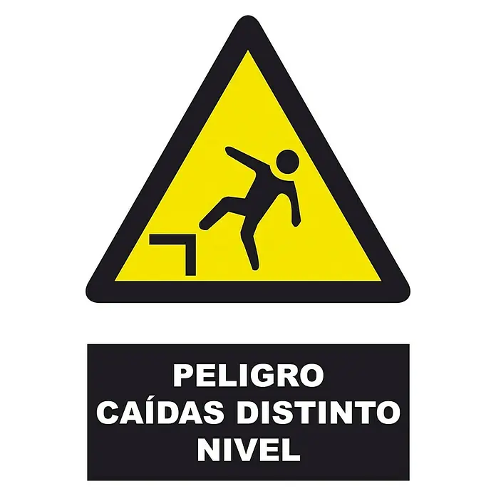 Cartel - Amarillo/Negro, Caídas distinto nivel - Señal de advertencia "Peligro: Caídas a distinto nivel" con un pictograma de una persona cayendo.