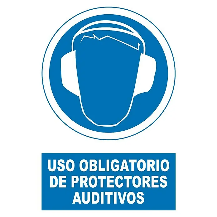 Cartel - Azul/Blanco, Uso obligatorio de protección auditiva, 23 x 34 cm - Señal que muestra un símbolo de protección auditiva y el texto "USO OBLIGATORIO DE PROTECTORES AUDITIVOS", lo que significa "Uso obligatorio de protectores auditivos".