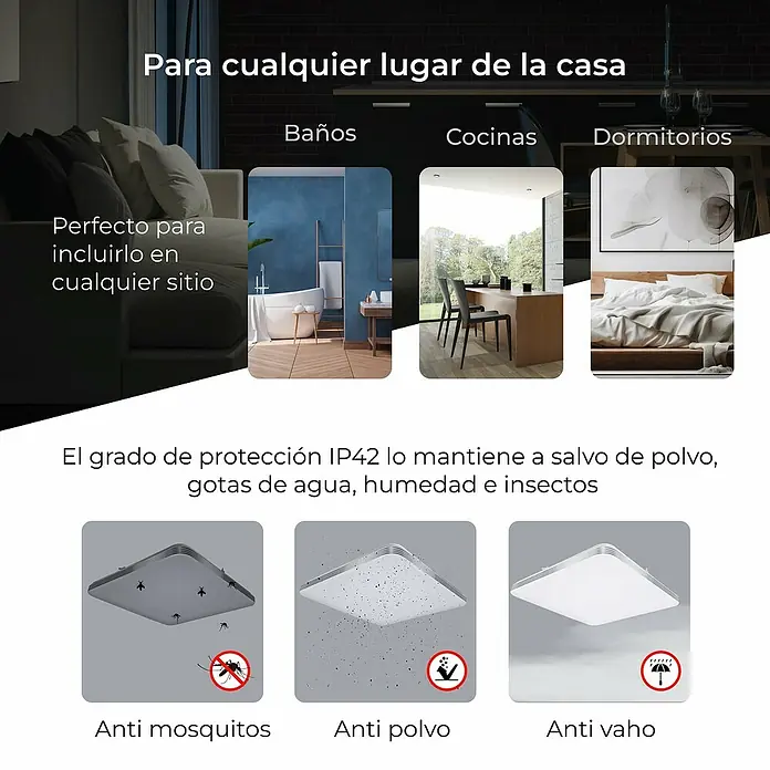 Ksix Plafón LED Smart Twilight - 72 W, L x An x Al: 47,5 x 47,5 x 6,2 cm, Plata, Multicolor - La imagen muestra una lámpara de techo con protección IP42, a salvo de polvo, agua, humedad e insectos. Perfecta para cualquier estancia.