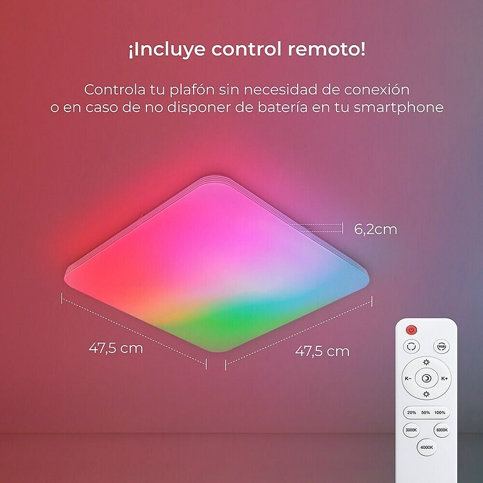 Ksix Plafón LED Smart Twilight (72 W, L x An x Al: 47,5 x 47,5 x 6,2 cm, Plata, Multicolor) | BAUHAUS