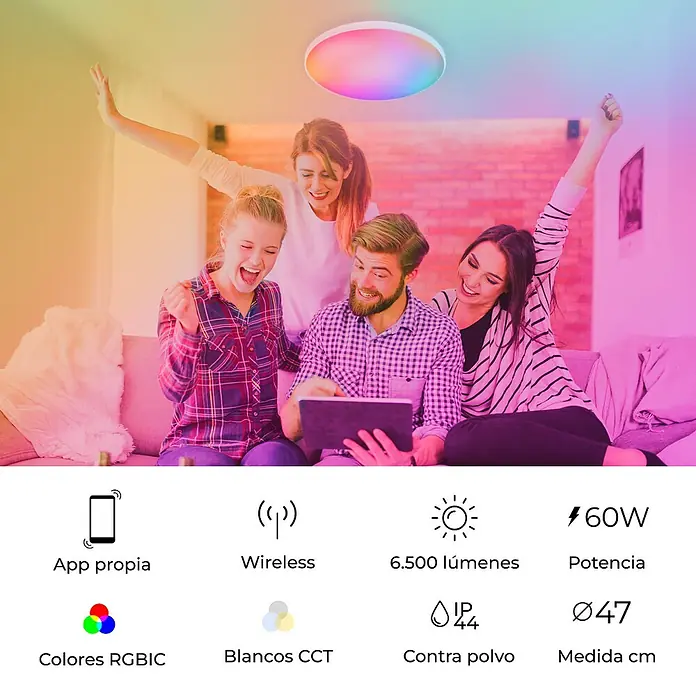 Ksix Plafón LED redondo inteligente Halo - 60,9 W, Ø x Al: 47 x 6 cm, Blanco, RGB - Lámpara de techo RGBIC con 60W de potencia, control por app, función inalámbrica, 6.500 lúmenes de brillo y 47 cm de diámetro.