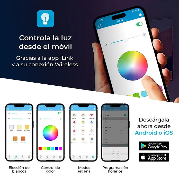 Ksix Plafón LED redondo inteligente Halo - 60,9 W, Ø x Al: 47 x 6 cm, Blanco, RGB - Bombilla inteligente con control por app. Selecciona tu color y escena favoritos mediante la app iLink, disponible para Android e iOS.