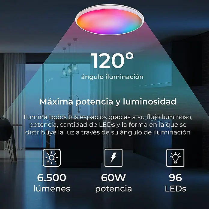 Ksix Plafón LED redondo inteligente Halo - 60,9 W, Ø x Al: 47 x 6 cm, Blanco, RGB - Imagen de una lámpara de techo LED que ofrece máximo brillo y un ángulo de iluminación de 120° con 6.500 lúmenes, 60W de potencia y 96 LED.