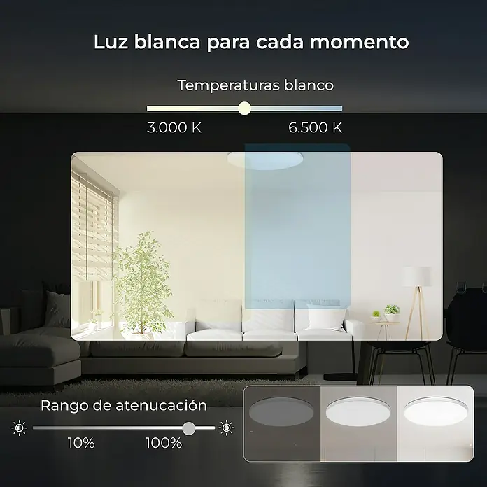 Ksix Plafón LED redondo inteligente Halo - 60,9 W, Ø x Al: 47 x 6 cm, Blanco, RGB - Una lámpara de techo LED versátil con temperatura de color y atenuación ajustables, perfecta para cualquier ambiente y habitación.