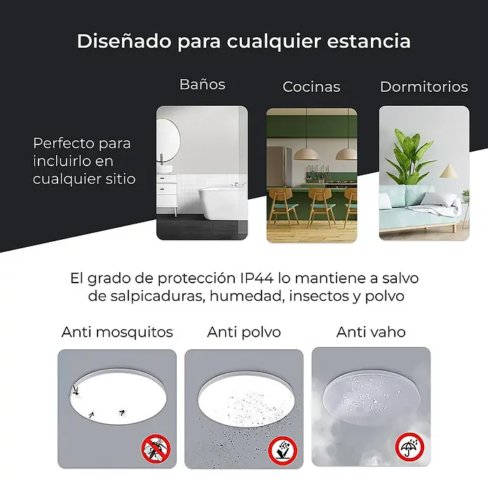 Ksix Plafón LED redondo inteligente Halo - 60,9 W, Ø x Al: 47 x 6 cm, Blanco, RGB - El plafón LED es apto para cualquier estancia, protección IP44 contra salpicaduras, humedad, insectos y polvo.