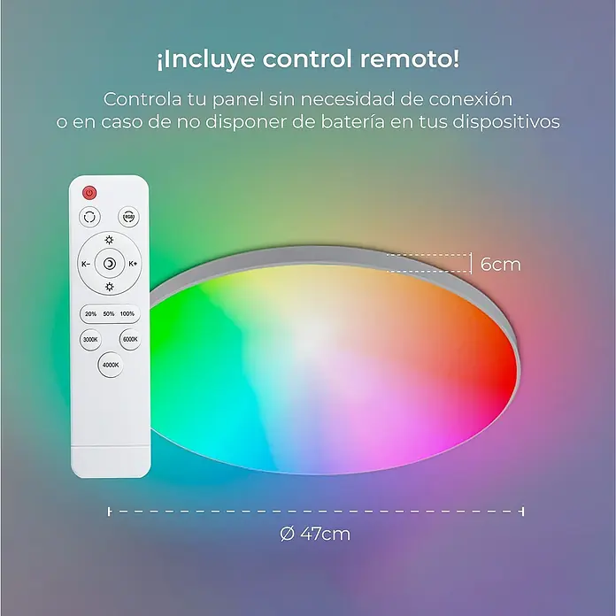Ksix Plafón LED redondo inteligente Halo - 60,9 W, Ø x Al: 47 x 6 cm, Blanco, RGB - Imagen de una lámpara LED de techo con control remoto para ajustar el brillo y la temperatura del color, 47cm de diámetro, 6cm de profundidad.