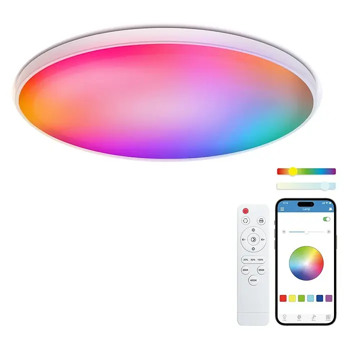 Ksix Plafón LED redondo inteligente Halo - 60,9 W, Ø x Al: 47 x 6 cm, Blanco, RGB - Imagen de una lámpara de techo LED de colores, con un mando a distancia y una app para smartphone.