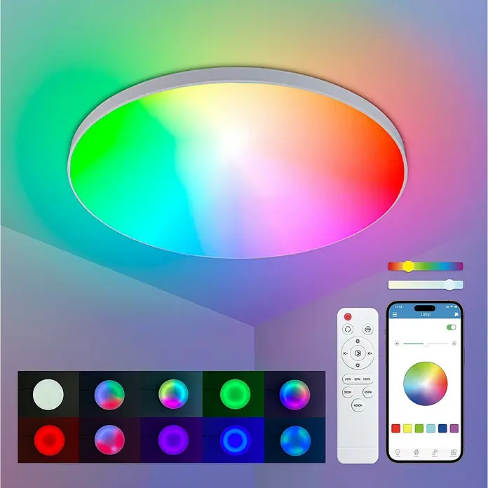 Ksix Plafón LED redondo inteligente Halo - 60,9 W, Ø x Al: 47 x 6 cm, Blanco, RGB - Luz de techo LED de colores con control remoto y aplicación para smartphone para un fácil control del color de la luz.