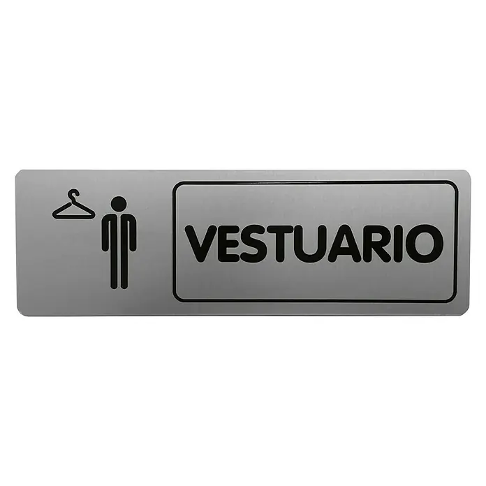 Rótulo - Plateado/Negro, Vestuario de caballeros, 18 x 5 cm - La imagen muestra un letrero gris con un pictograma que indica un vestuario y la palabra "VESTUARIO" en negro, señalizando un vestuario.