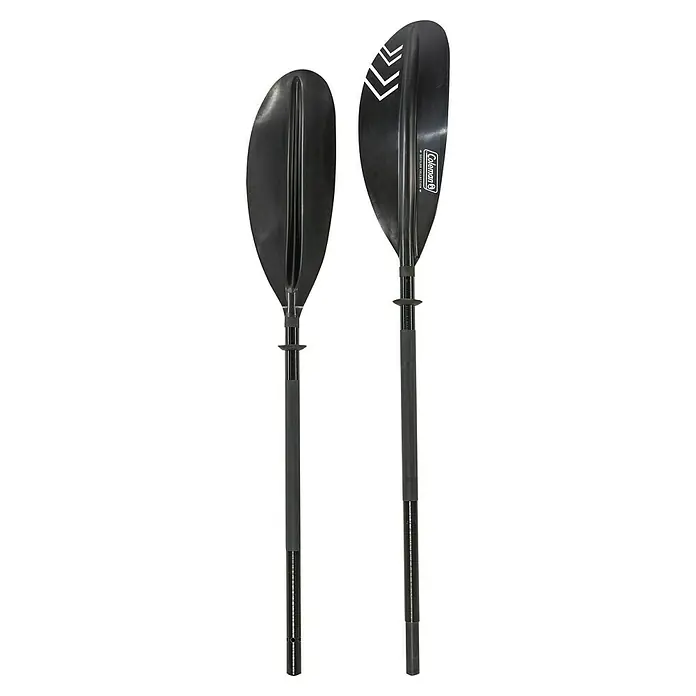 Sevylor Doppelpaddel - Fiberglas, Material Blatt: Polypropylen, Zerlegbar - Zwei schwarze Coleman-Paddel, eines mit weißen Streifen, für Kajak- oder Kanufahrten.