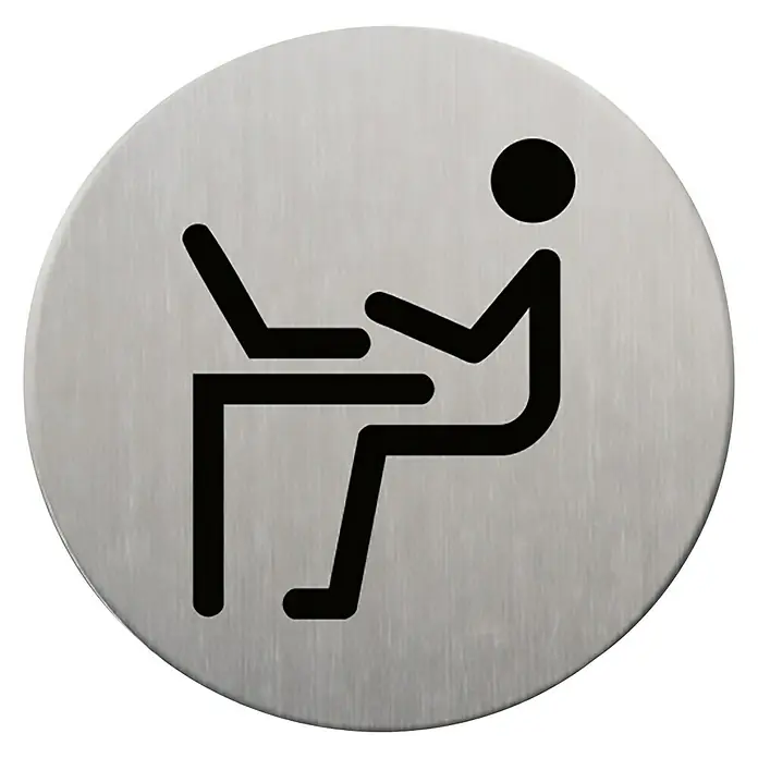 Rótulo - Plateado/Negro, Oficinas, 9 cm - Pictograma de una persona usando un ordenador portátil en un escritorio, mostrado en un disco de color plateado.