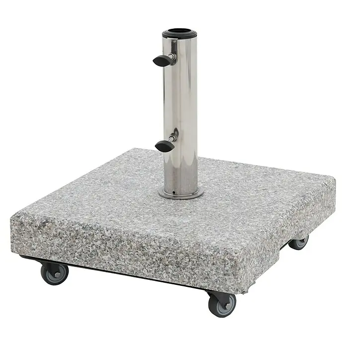 Doppler Schirmständer Fahrgestell Vario - L x B: 42 x 42 cm, Geeignet für: Schirmständer - Ein grauer Sonnenschirmständer aus Granit mit Rollen und einer Edelstahlhalterung für den Schirmmast.