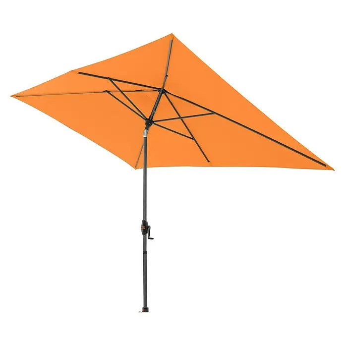 Doppler Marktschirm myZone Auto Tilt - Orange, Bespannungsmaß (L x B): 200 x 300 cm - Oranger rechteckiger Sonnenschirm mit grauem Gestell, Stange und Kurbelmechanismus.