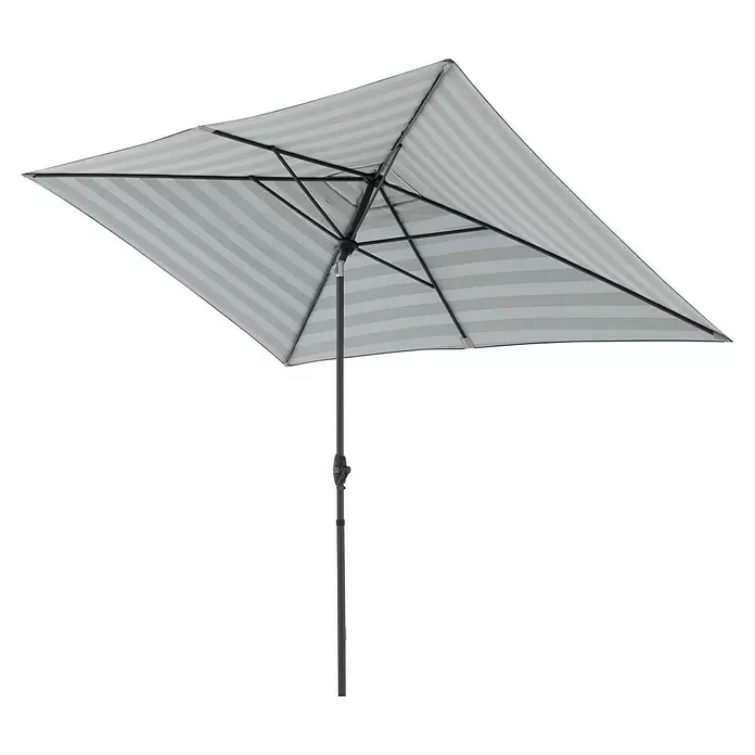 Doppler Marktschirm myZone Auto Tilt - Blockstreifen Anthrazit, Bespannungsmaß (L x B): 200 x 300 cm - Rechteckiger Terrassenschirm mit weiß-grauen Streifen und dunkelgrauem Gestell.