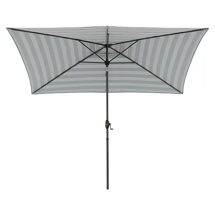 Doppler Marktschirm myZone Auto Tilt - Blockstreifen Anthrazit, Bespannungsmaß (L x B): 200 x 300 cm - Grau-weiß gestreifter, rechteckiger Sonnenschirm mit dunklem Mast und Kurbelmechanismus.