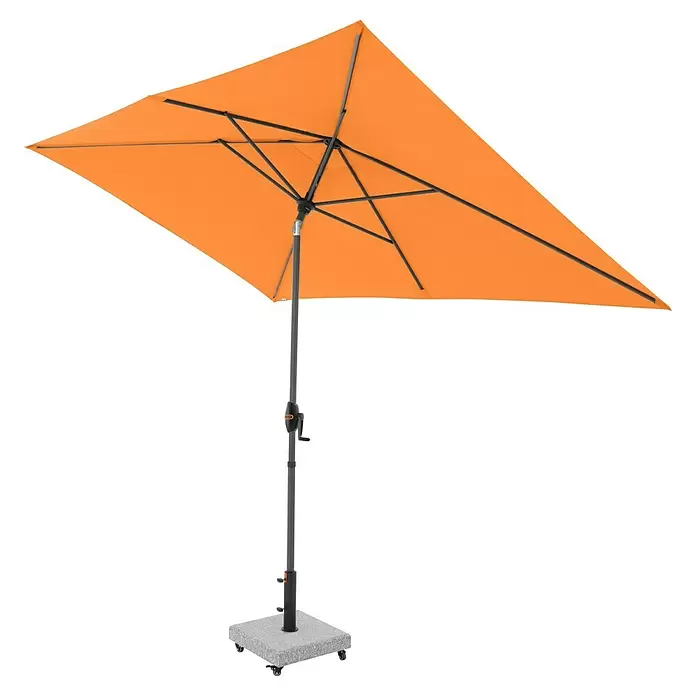 Doppler Marktschirm myZone Auto Tilt - Orange, Bespannungsmaß (L x B): 200 x 300 cm - Gelber rechteckiger Sonnenschirm mit grauem Mast, Kurbel und rollbarem Sockel.