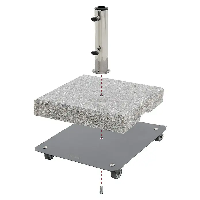 Doppler Schirmständer Fahrgestell Vario - L x B: 42 x 42 cm, Geeignet für: Schirmständer - Die Abbildung zeigt einen zerlegten Sonnenschirmständer mit Rollen, bestehend aus Metallsockel, Steinplatte und Halterung.