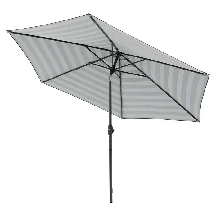 Doppler Marktschirm myZone Auto Tilt - Blockstreifen Anthrazit, Durchmesser Bespannung: 305 cm - Gestreifter rechteckiger Terrassenschirm in Hellgrau und Weiß mit dunklem Gestell und Stange.