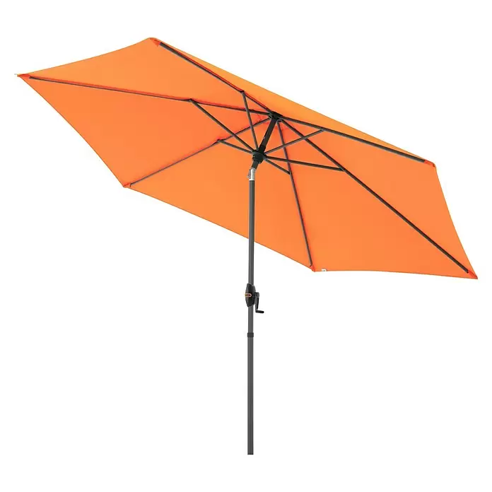 Doppler Marktschirm myZone Auto Tilt - Orange, Durchmesser Bespannung: 305 cm - Orangefarbener rechteckiger Sonnenschirm mit schwarzem Mast und Kurbelmechanismus, von unten gesehen.