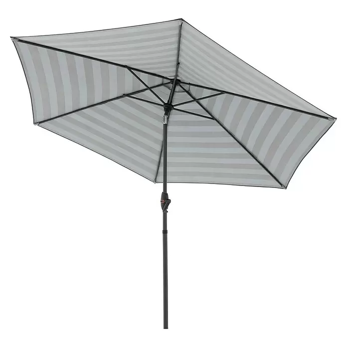 Doppler Marktschirm myZone Auto Tilt - Blockstreifen Anthrazit, Durchmesser Bespannung: 305 cm - Gestreifter Terrassenschirm mit weißem und beigem Stoff und dunkelgrauem Mast und Gestell.