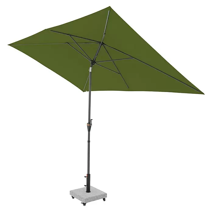 Doppler Marktschirm myZone Auto Tilt - Kiwi, Bespannungsmaß (L x B): 200 x 300 cm - Grüner rechteckiger Freiarmschirm mit grauem Mast und rollbarem Betonfuß.