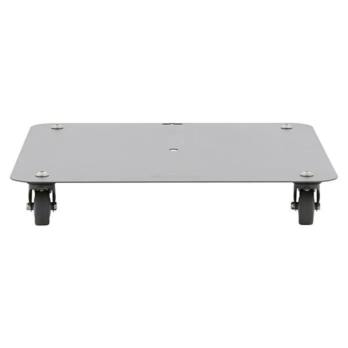 Doppler Schirmständer Fahrgestell Vario - L x B: 42 x 42 cm, Geeignet für: Schirmständer - Das Bild zeigt ein graues, quadratisches Produkt mit Rollen, vermutlich ein Dolly oder ein fahrbarer Untersatz für Geräte. Das Produkt wirkt robust und funktionell.