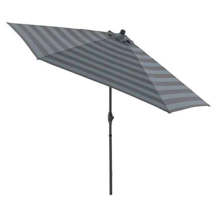 Doppler Marktschirm myZone Auto Tilt - Blockstreifen Anthrazit, Durchmesser Bespannung: 305 cm - Rechteckiger Terrassenschirm mit grau-hellgrauen Streifen, geöffnet zum Sonnenschutz.