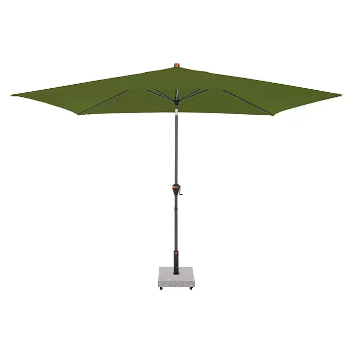 Doppler Marktschirm myZone Auto Tilt - Kiwi, Bespannungsmaß (L x B): 200 x 300 cm - Grüner rechteckiger Sonnenschirm mit grauem Mast, Kurbelmechanismus und stabilem Fuß.